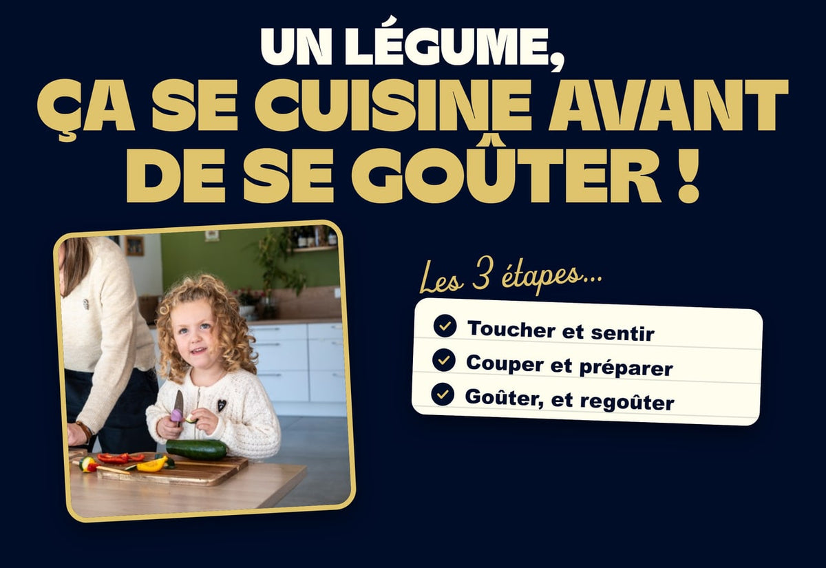 Un légume, ça se cuisine avant de se goûter ! Une petite fille sourit, son Genius Cut à la main.