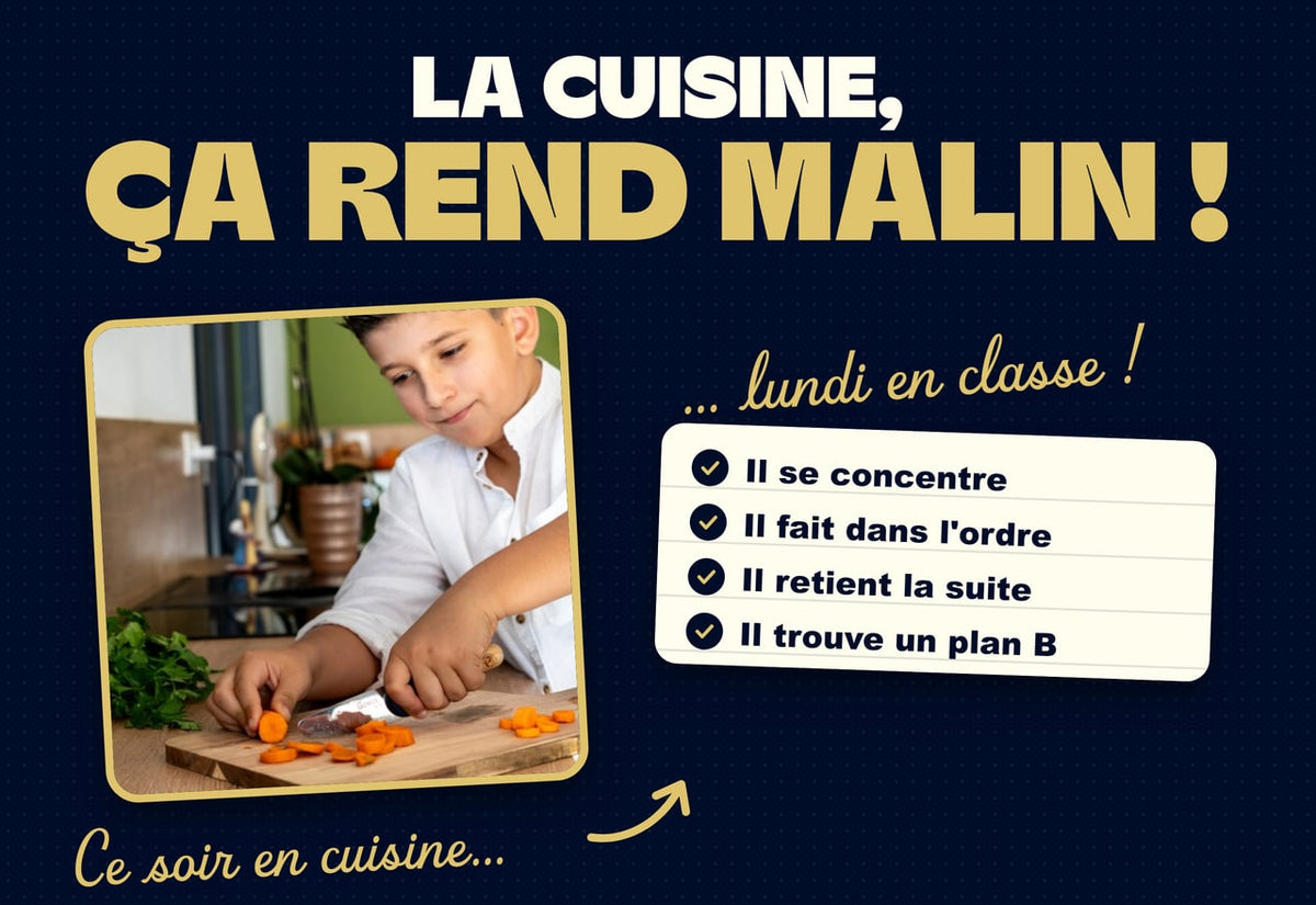 La cuisine, ça rend malin ! Ce soir en cuisine, lundi en classe. Un garçon coupe ses carottes avec son Genius Cut.