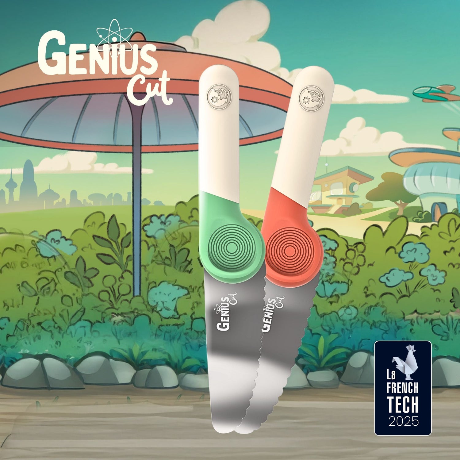 Deux couteaux éducatifs Genius Cut dès 3 ans, coloris vert coton et sorbet framboise. Manche ergonomique avec Genius Grip pour guider la tenue. En fond, univers illustré rétro-futuriste d’Archi. Label La French Tech 2025 visible en bas à droite.